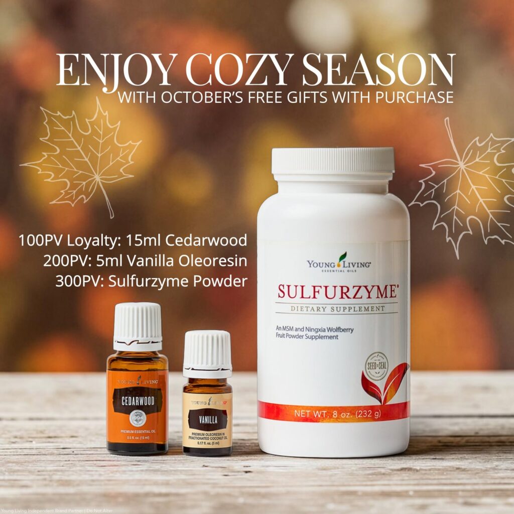 Young Living October 2026 gifts with purchase featuring Cedarwood essential oil, Vanilla oleoresin, and Sulfurzyme powder.